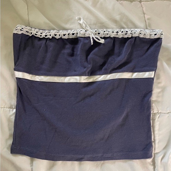 Subdued Tops - Y2K Subdued Navy Blue Tube Top with Lace Detail